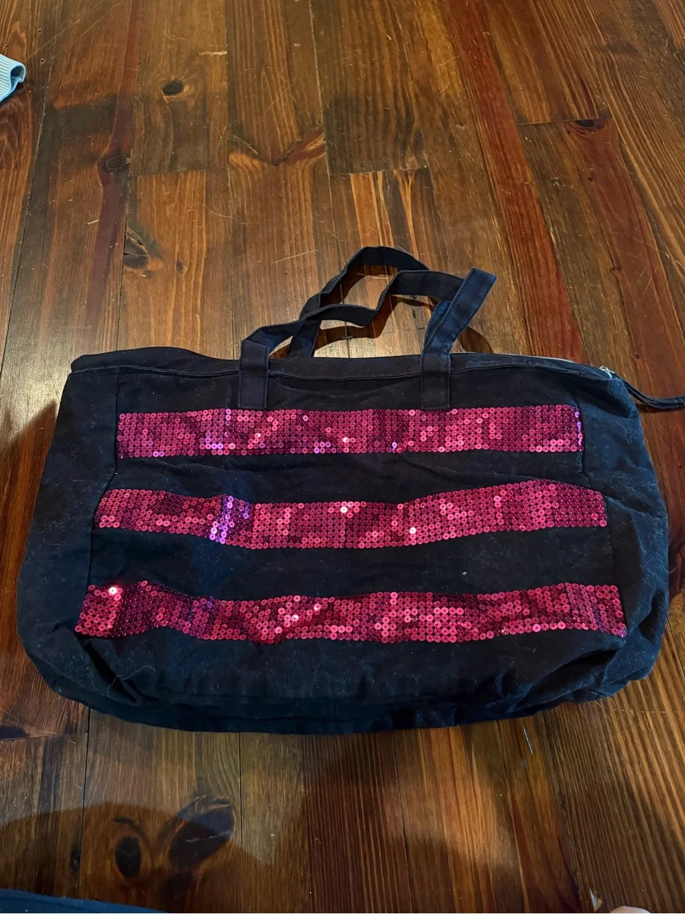Victoria's Secret Black Tote with Hot Pink Sequin Stripes